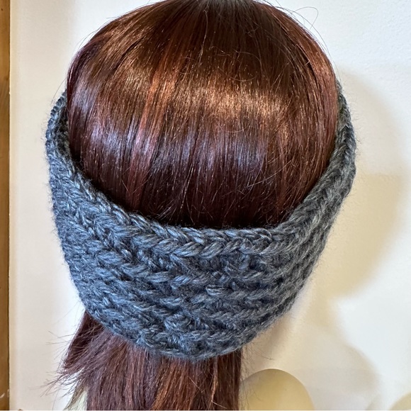 Unisex, chunky charcoal, hand knit, headband/ear warmer band. 4” x 22”. - Picture 7 of 10